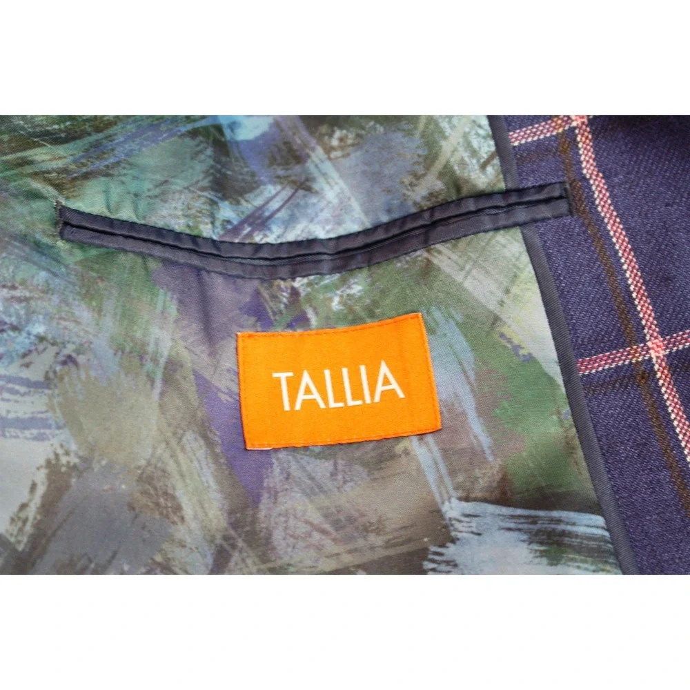 Tallia Mens Sport Coat Blue Linen Size 46R Two-Button Closure Windowpane Jacket